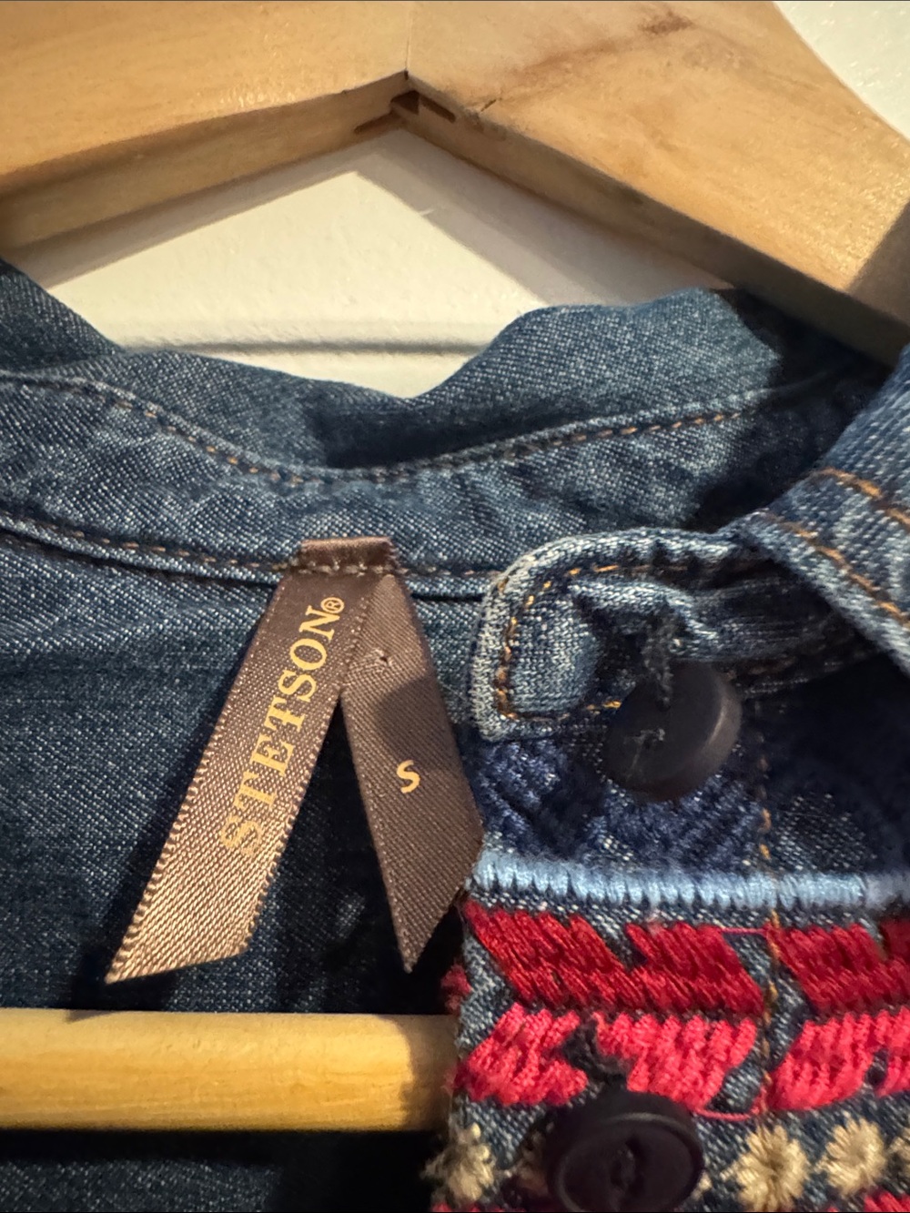 Stetson Denim Duster with Red Floral Embroidery and Multicolor Trim - Picture 7 of 8